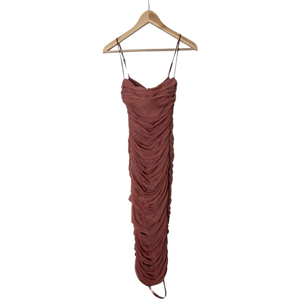NWT House of CB Sirene Cameo Brown Organza Mesh Ruched Midi Dress Bodycon XS